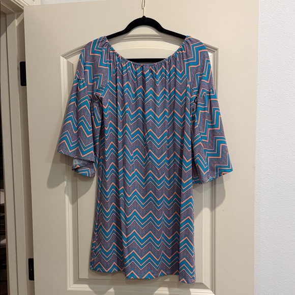 Krush Zigzag Off-Shoulder Tunic - Teal & Coral - Picture 2 of 4